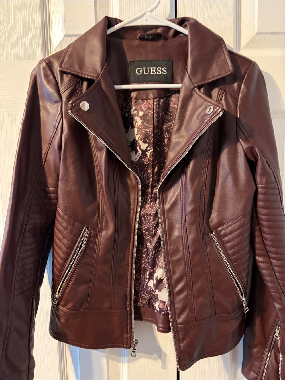 GUESS Women's Wine Burgundy Faux Leather Moto Jacket